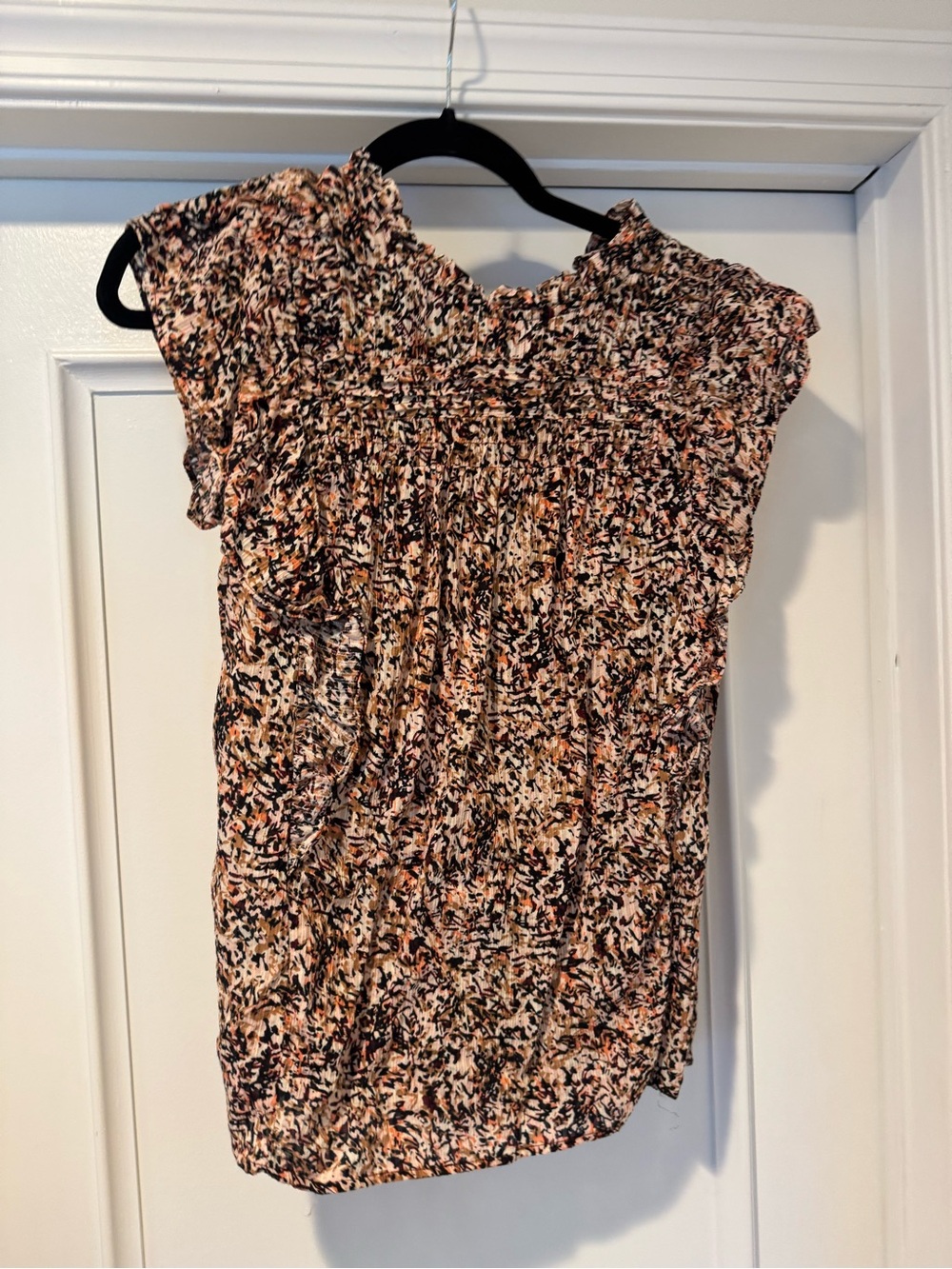 LOFT Smocked Cap-Sleeve Floral Print Top in Black & Peach